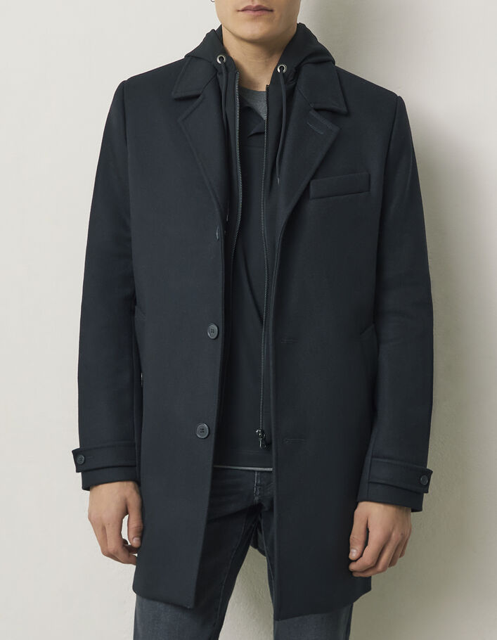 Men’s black coat with sweatshirt fabric hooded facing - IKKS