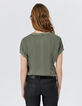 Women’s khaki mixed fabric top with striped ribbed V neck-2