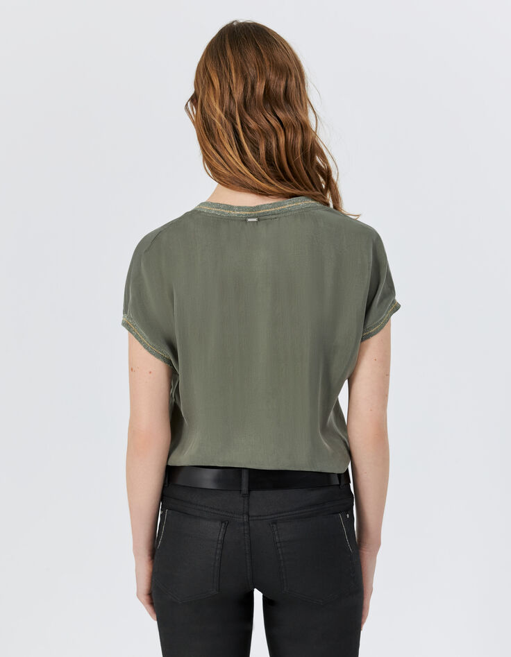 Women’s khaki mixed fabric top with striped ribbed V neck-2