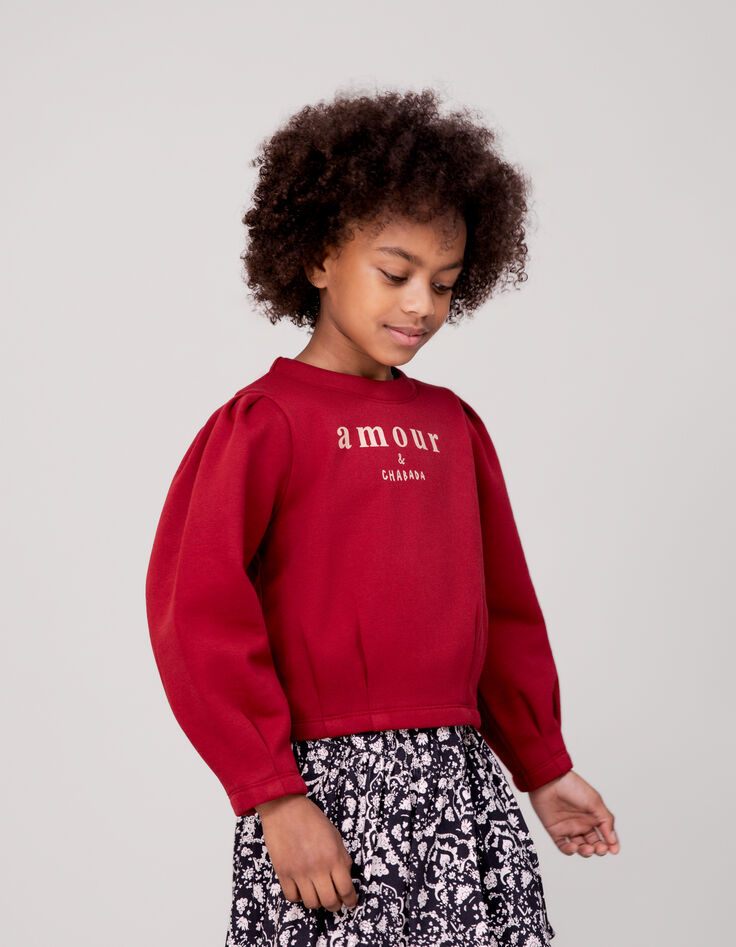 Rotes Sweatshirt, Paillettenmuster, Falten, Mädchen-1