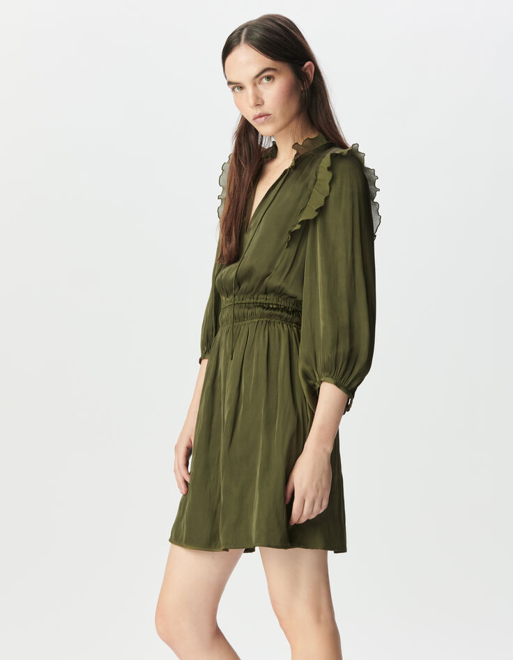 Vestido caqui satinado arrugado volantes plisados mujer-3