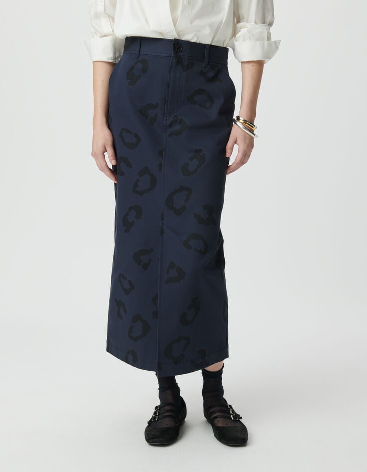 Women’s navy long pencil skirt with jaguar print-2
