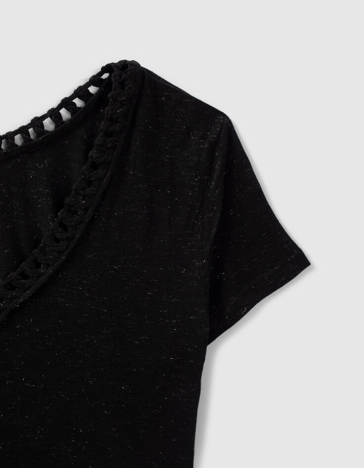 Women’s black woven lurex reversible V-neck T-shirt-6