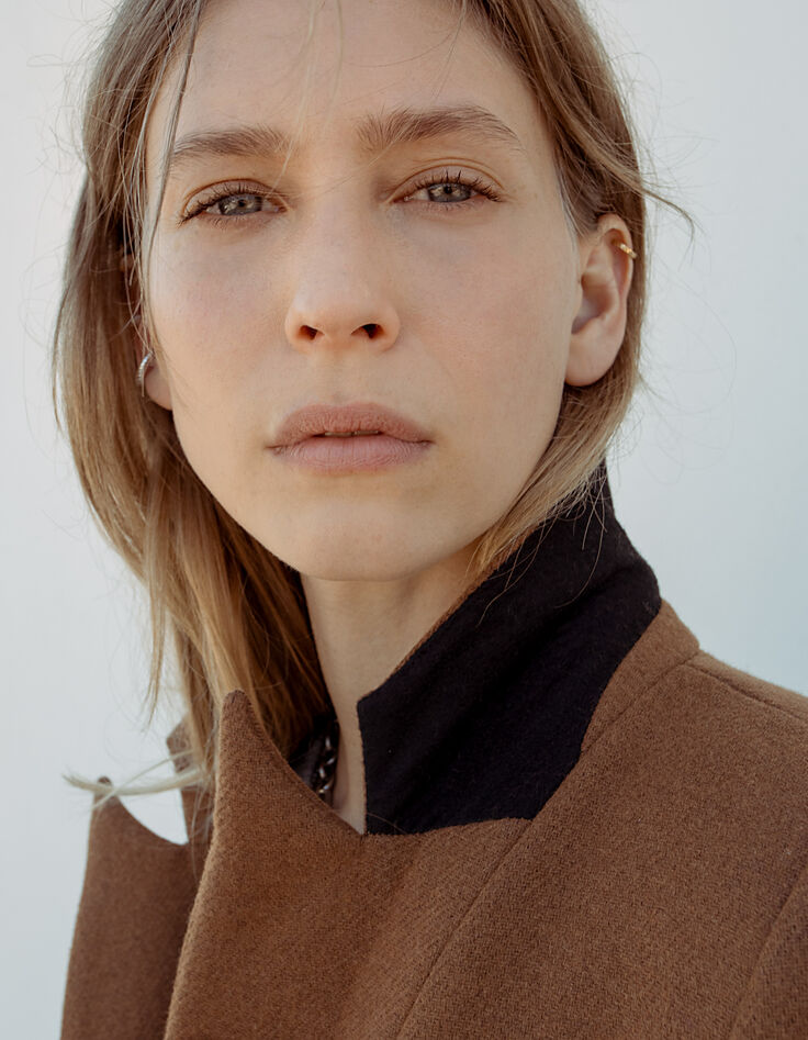 Manteau city acajou en majorité laine double col femme-3