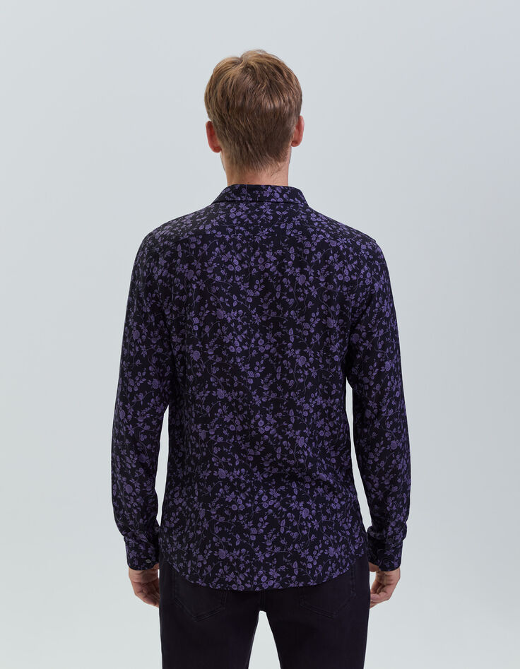 Men’s black LENZING™ ECOVERO™ SLIM shirt with dark purple flower motif-2