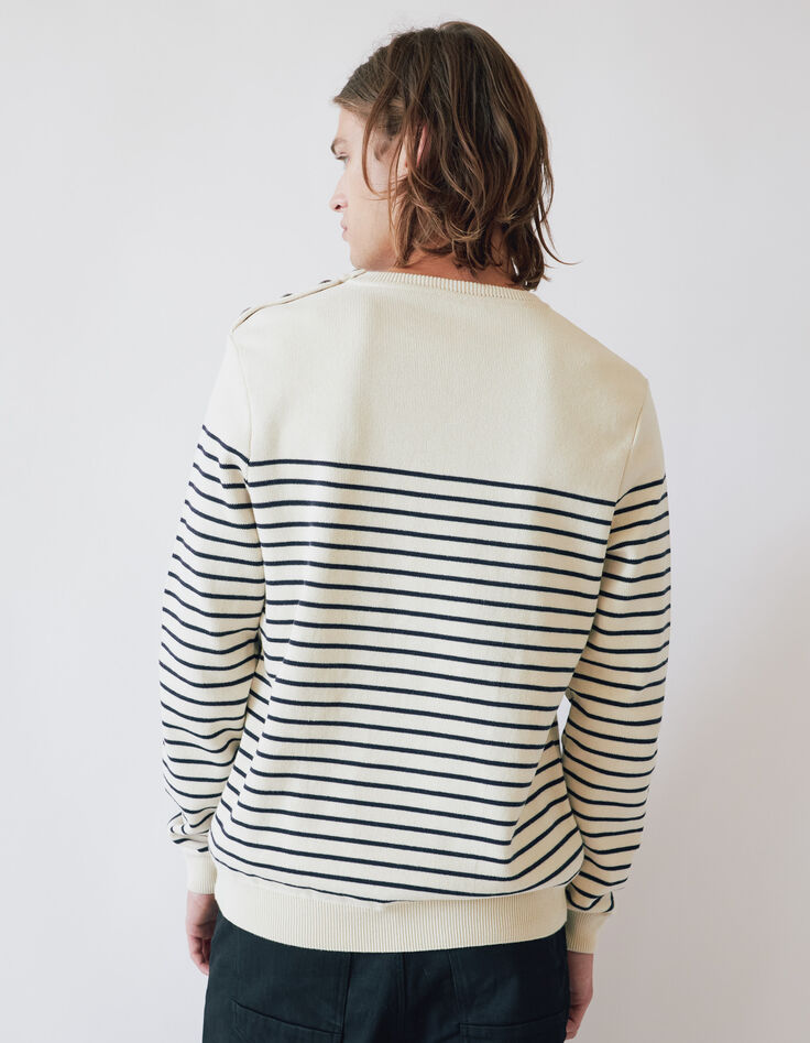 Pull marin blanc cass&eacute; tricot &agrave; rayures marine Homme-3