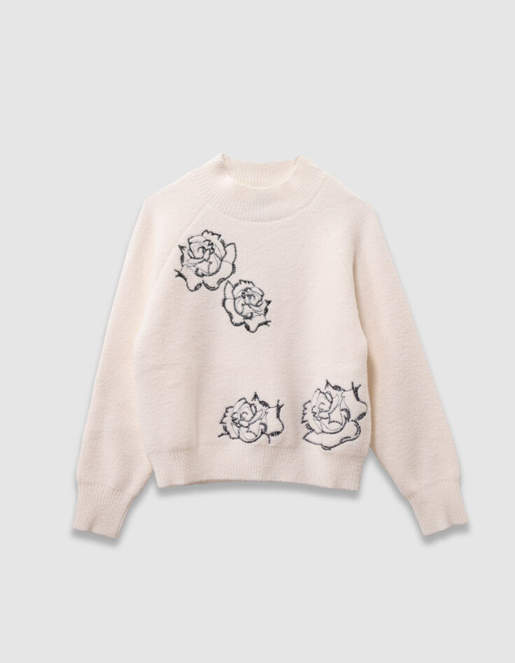 Pull col montant blanc tricot broderies sequins fille-4