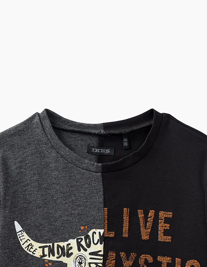 Boys’ grey print & black embroidered 2-colour T-shirt   - IKKS