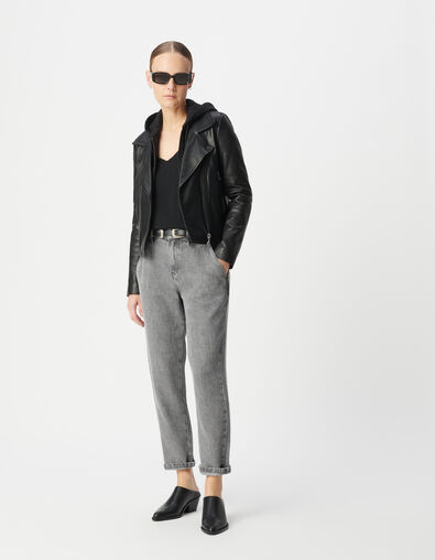 Women's black leather biker jacket with removable front panel - IKKS
