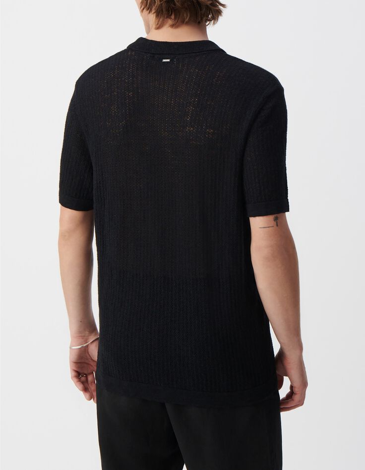 Men&rsquo;s black decorative openwork knit polo shirt-3