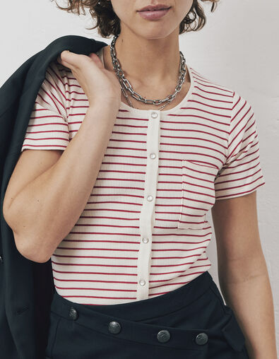 Women’s red and white sailor-stripe cotton modal T-shirt - IKKS