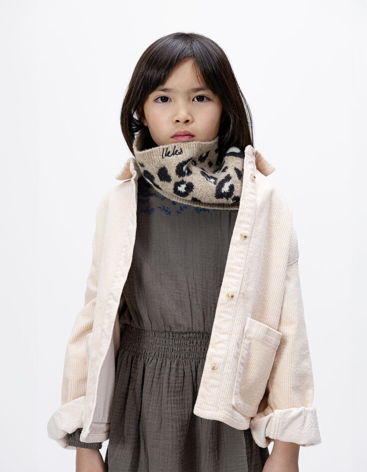 Girls’ beige knit snood with leopard motif-1 Girls’ beige knit snood with leopard motif-1