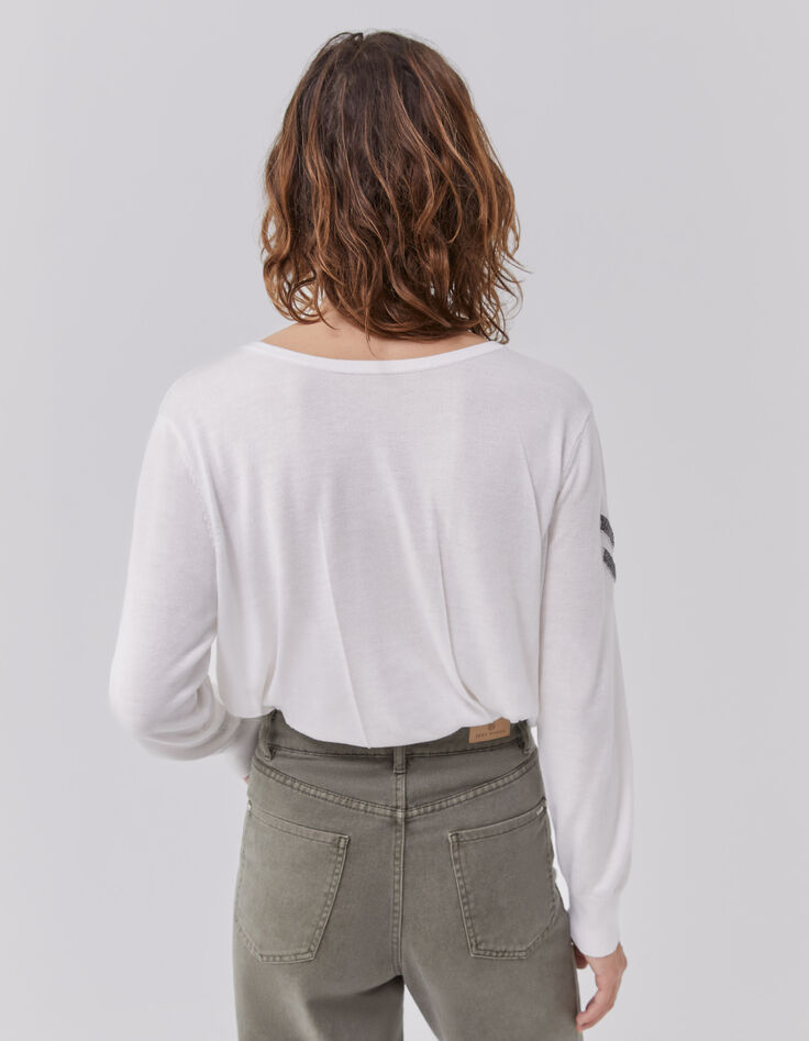 Witte gebreide trui, geborduurde visgraten mouw Dames-3 Witte gebreide trui, geborduurde visgraten mouw Dames-3