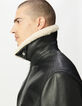 Blouson aviateur noir en cuir sherpa amovible Homme-4