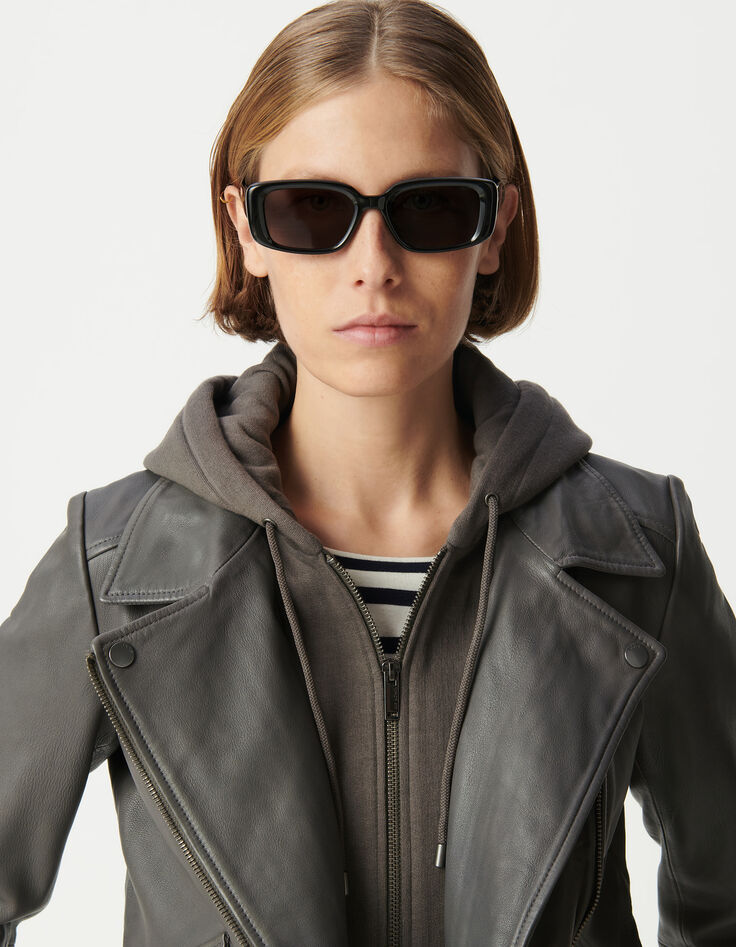 Graue Lederjacke, Bikerstil, Verzierungen-5 Graue Lederjacke, Bikerstil, Verzierungen-5