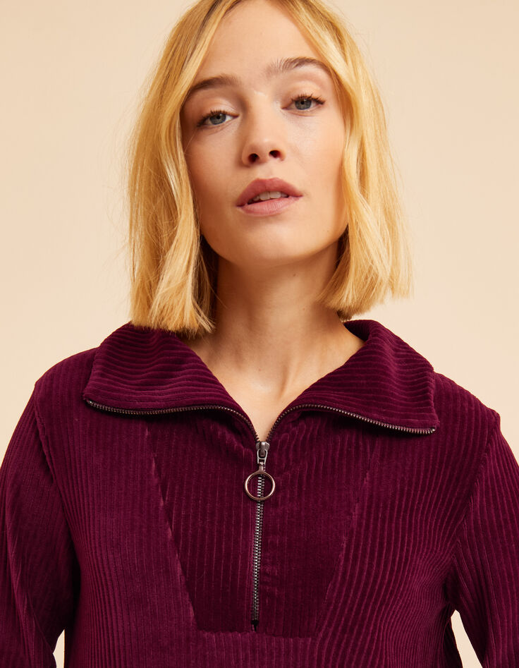 Robe zipp&eacute;e bordeaux maille velours c&ocirc;tel&eacute;e I.Code-5