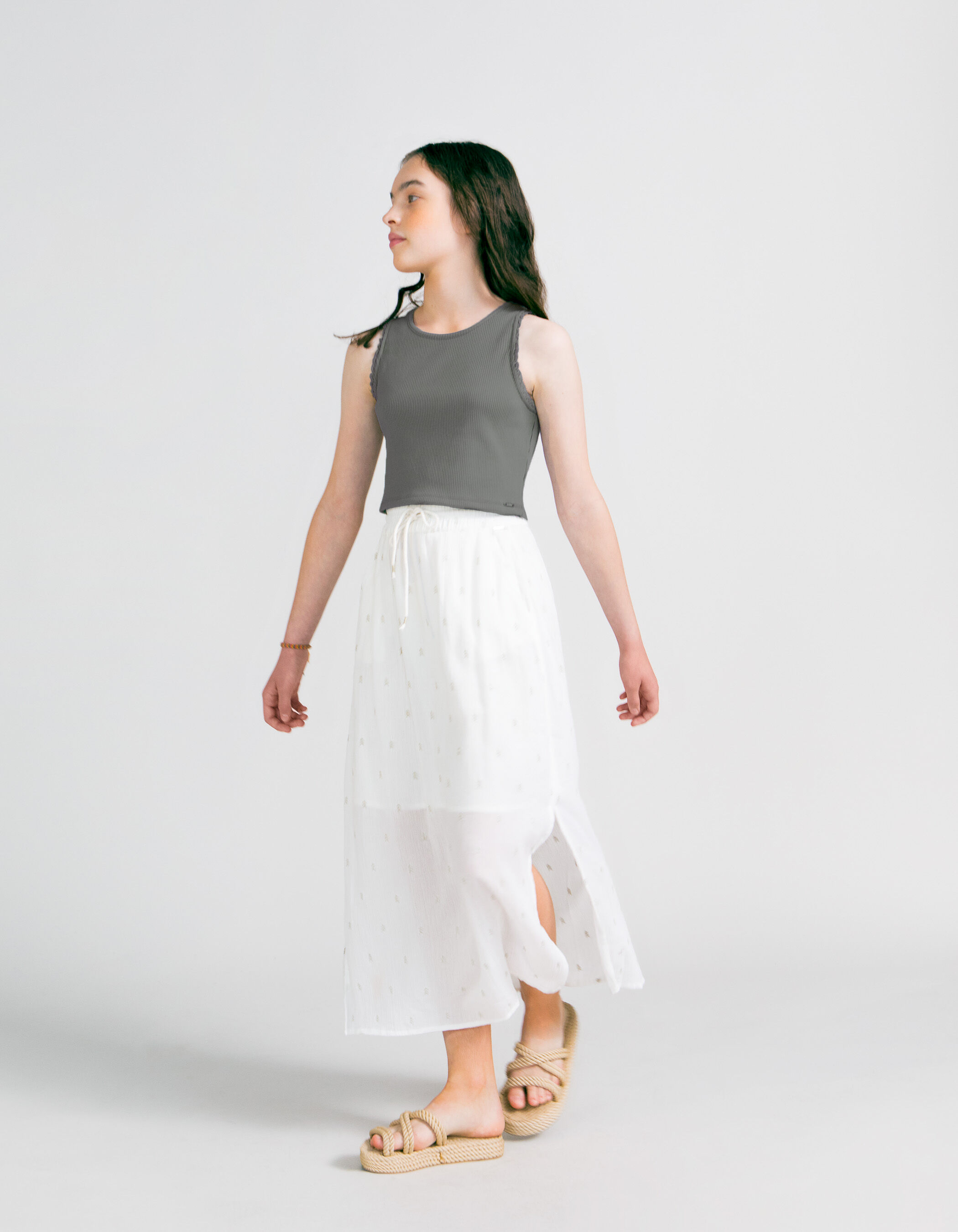 Jupe longue blanc casse broderies dorees fille IKKS
