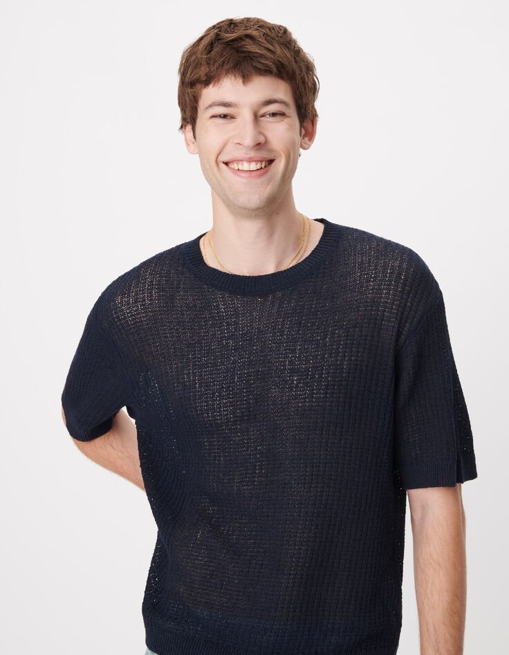 Pull manches courtes marine tricot ajour&eacute; Homme-5