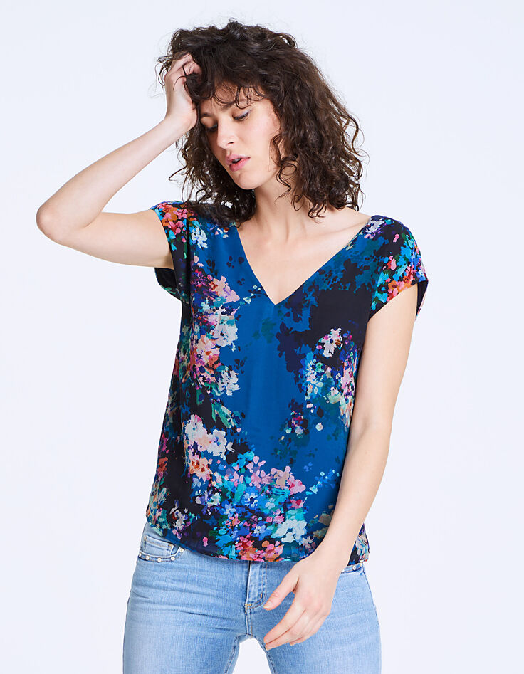 Top manches courtes en voile imprimé floral femme-2 Top manches courtes en voile imprimé floral femme-2