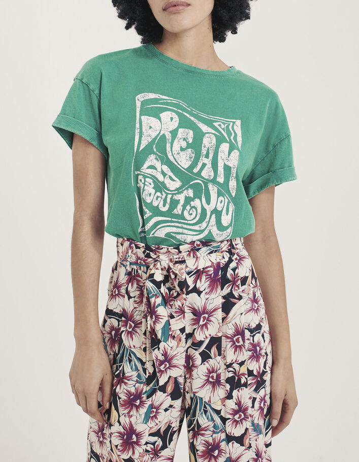 Tee-shirt col rond coton bio vert visuel message femme-1