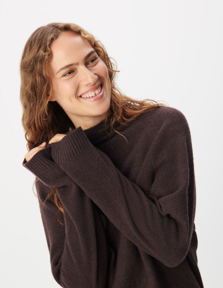 Jersey marr&oacute;n cuello alto 100 % lana para mujer-3