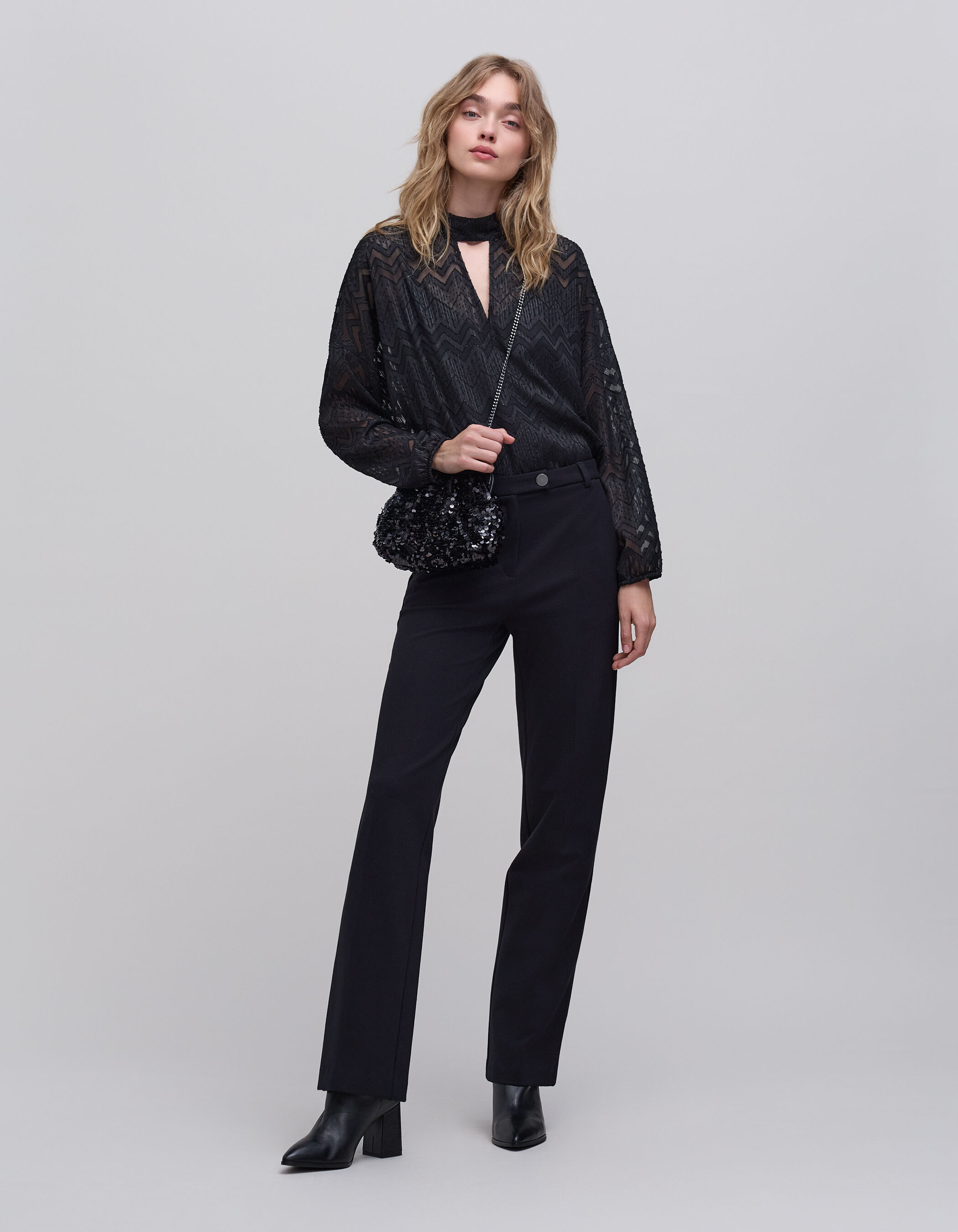 Pantalon de costume droit noir maille Femme IKKS