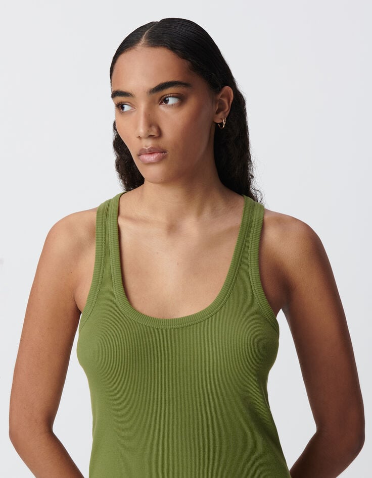 Women's green rib-knit tank top with herringbone embroidery on back-4 Women's green rib-knit tank top with herringbone embroidery on back-4