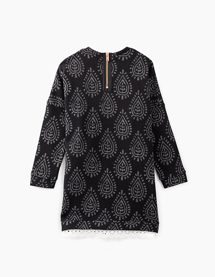 Robe-sweat noire imprimé cachemire avec bas dentelle fille-5 Robe-sweat noire imprimé cachemire avec bas dentelle fille-5