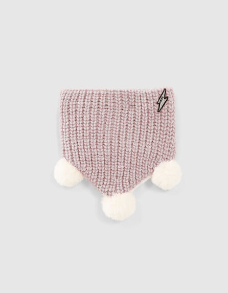 Baby girls’ powder pink fur-lined knit snood with pompoms