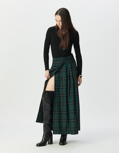 Jupe longue plissée verte à motif carreaux Femme - IKKS