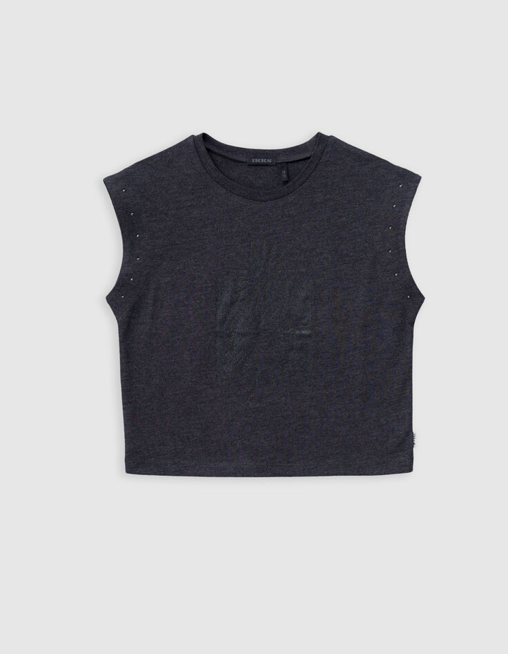 Graues Mädchen-T-Shirt mit Glitzermotiven und Nieten-9