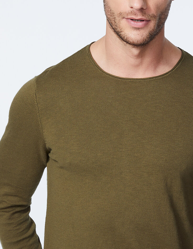 Pull kaki tricot fin slub Homme-4