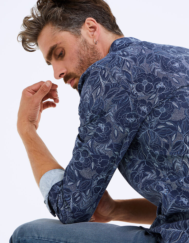 Indigoblauw slim fit overhemd met stippenprint-2