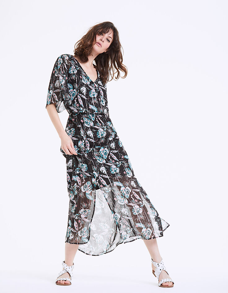 Langes Kleid mit Tropical-Garden-Print in Metallic-Garn auf schwarzem Grund-2