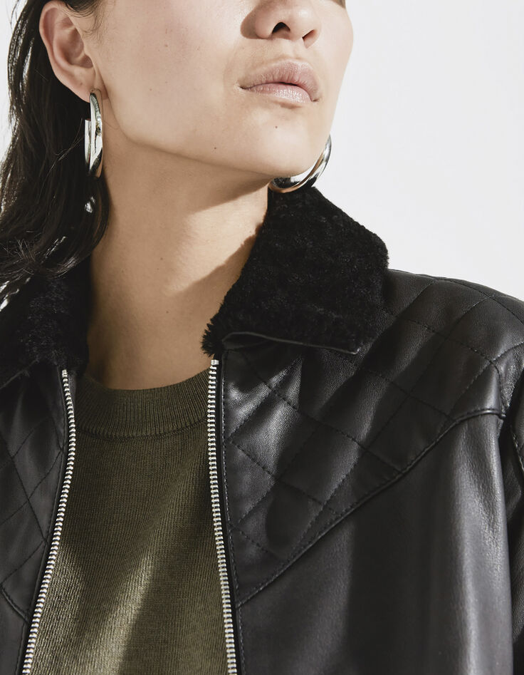 Women’s black quilted leather jacket with sheepskin collar-4