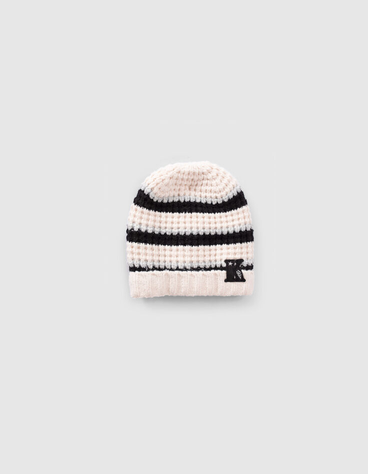 Cremeweiße Mädchenstrickmütze mit Lurex und Streifen-1