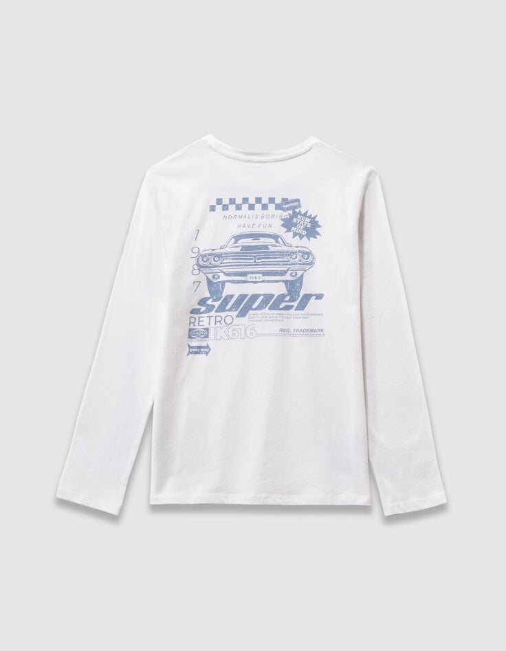 Wit T-shirt biokatoen met auto achter jongens-5