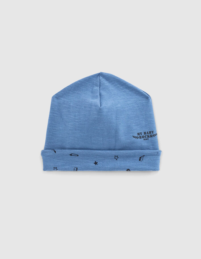 Baby’s blue+rock print organic cotton reversible beanie - IKKS