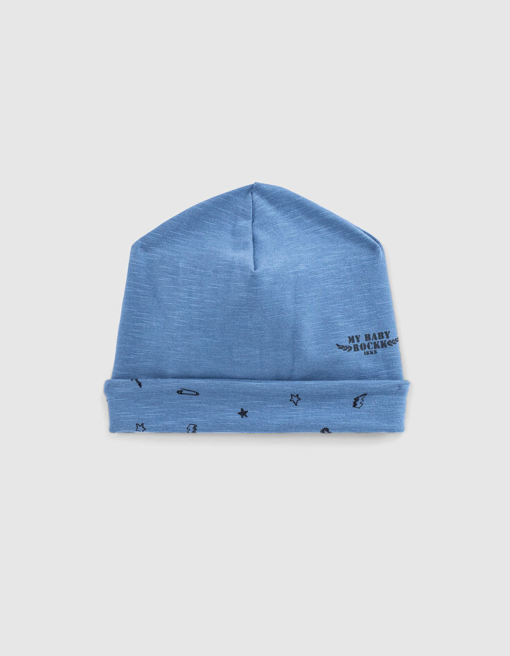 Baby’s blue+rock print organic cotton reversible beanie-1