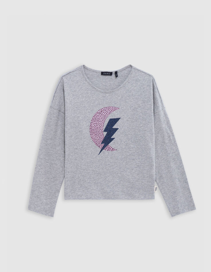 Girl’s grey T-shirt with diamante lightning and moons-2