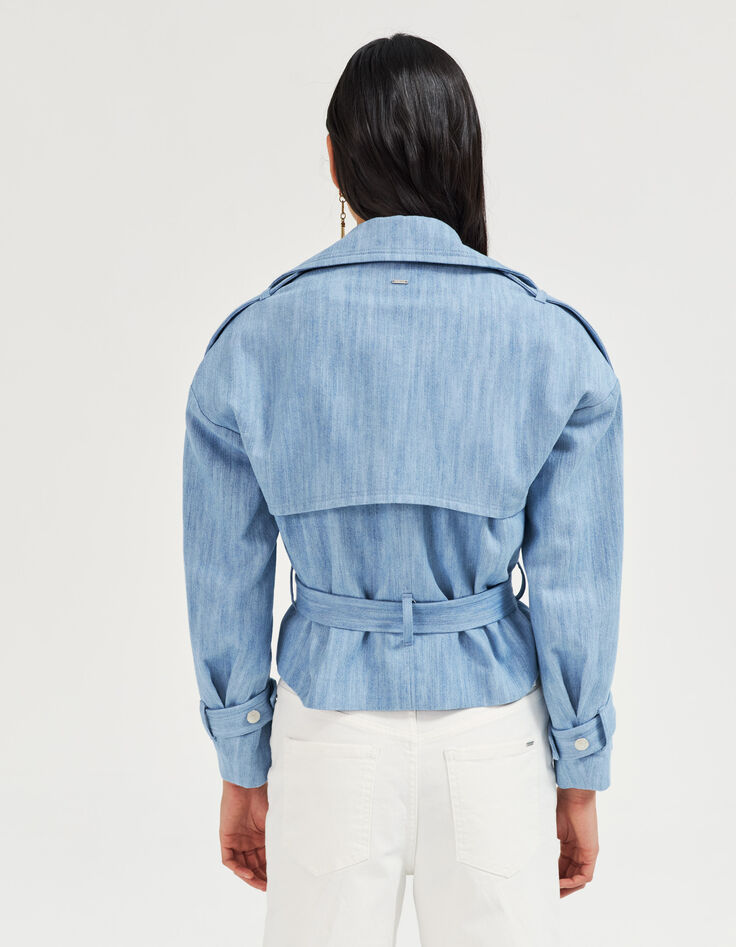 Women’s light blue denim short trench coat-3