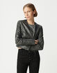 Schwarze Bikerjacke aus gewaschenem Leder mit Reißverschlusstaschen Damen-2
