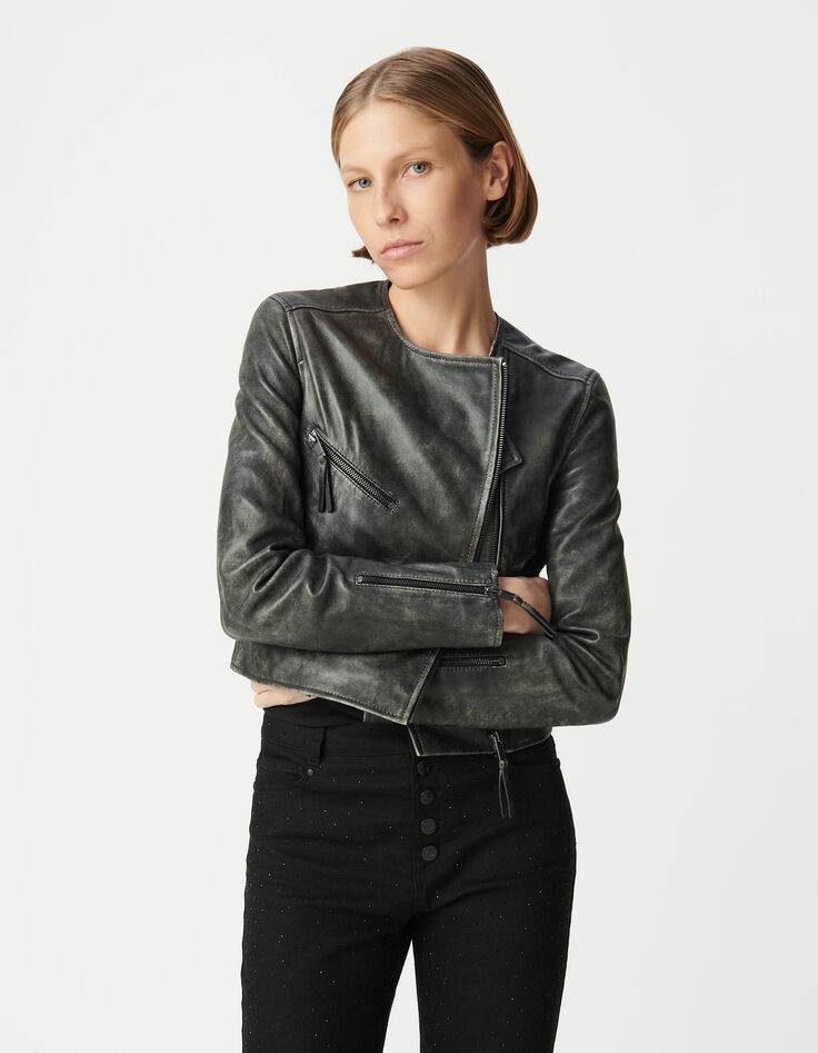 Schwarze Bikerjacke aus gewaschenem Leder mit Reißverschlusstaschen Damen-2
