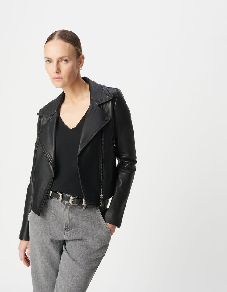 Women's black leather biker jacket with removable front panel-2