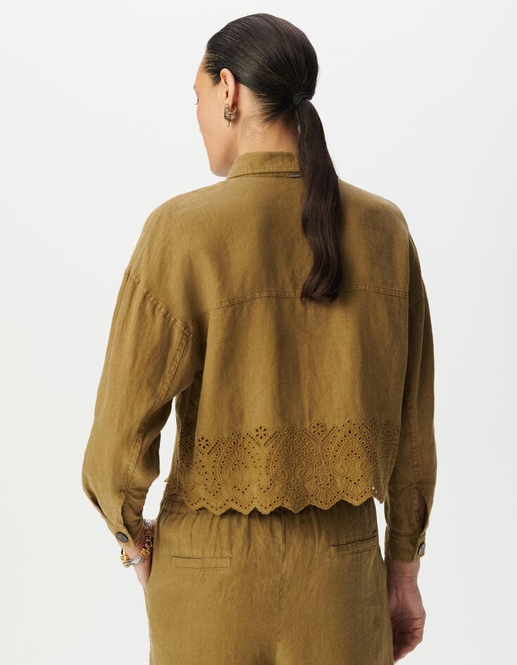 Chemise courte lin kaki brodé Femme-3 Chemise courte lin kaki brodé Femme-3