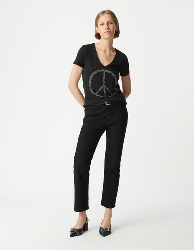 Women's black organic cotton peace and love studded tee-shirt - IKKS