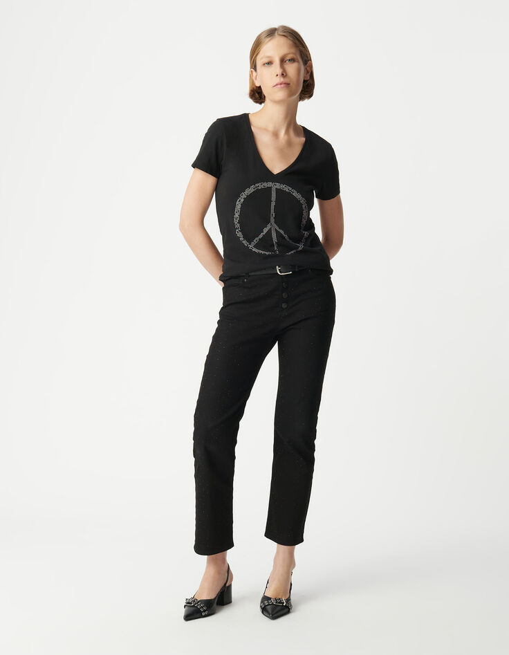 Women's black organic cotton peace and love studded tee-shirt-1