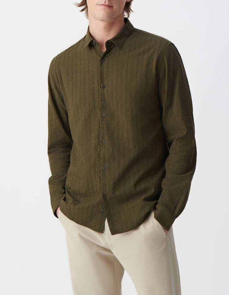 Men&rsquo;s khaki organic cotton SLIM shirt, striped embroidery-2