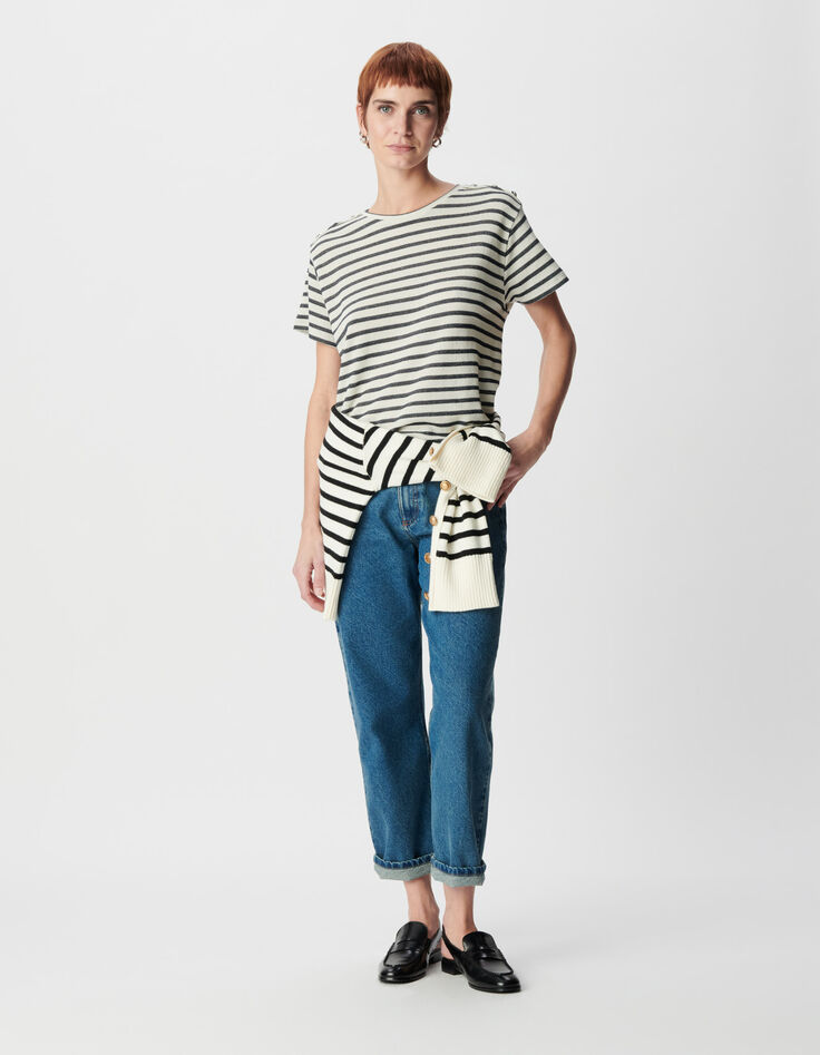 Tee-shirt marini&egrave;re paillet&eacute; boutons &eacute;paules Femme-1