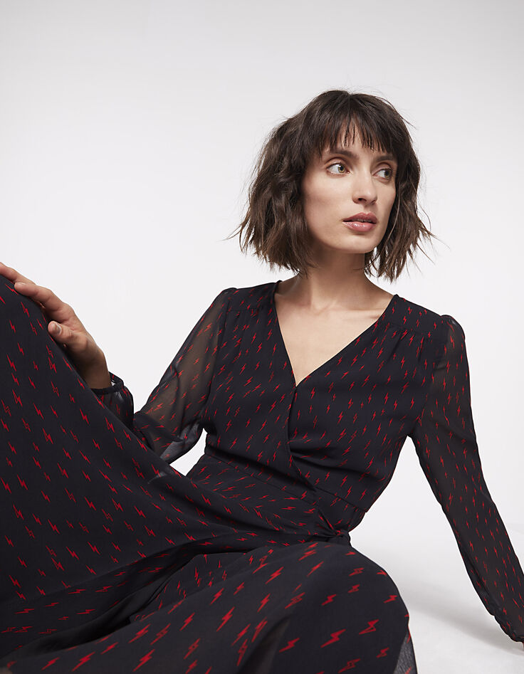 Robe longue asymétrique en voile imprimé micro éclairs-1